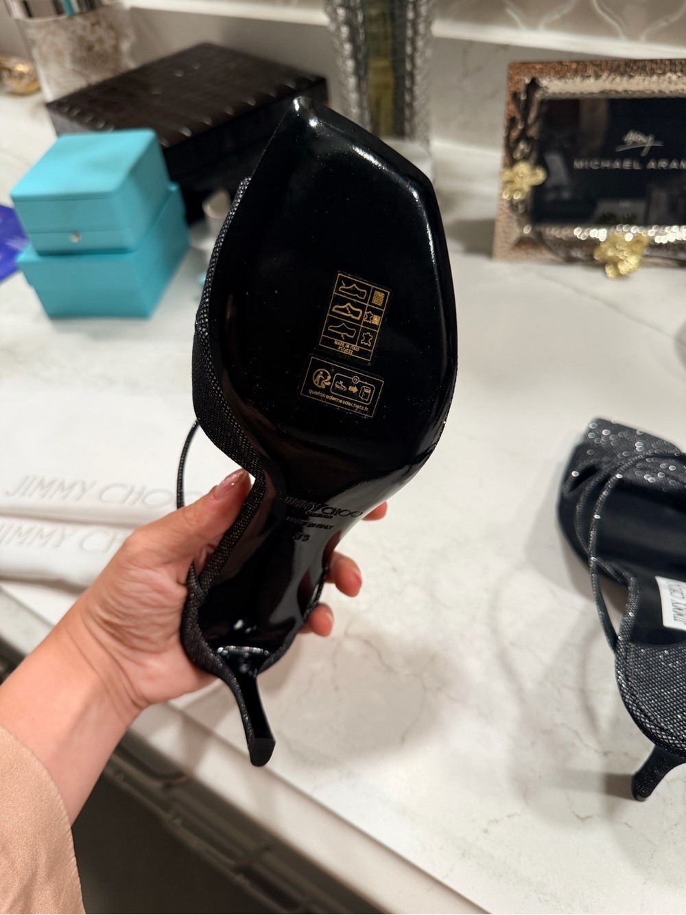Never worn! Jimmy Choo Black Sparkle Crisscross High Heel Sandals - Picture 3 of 4